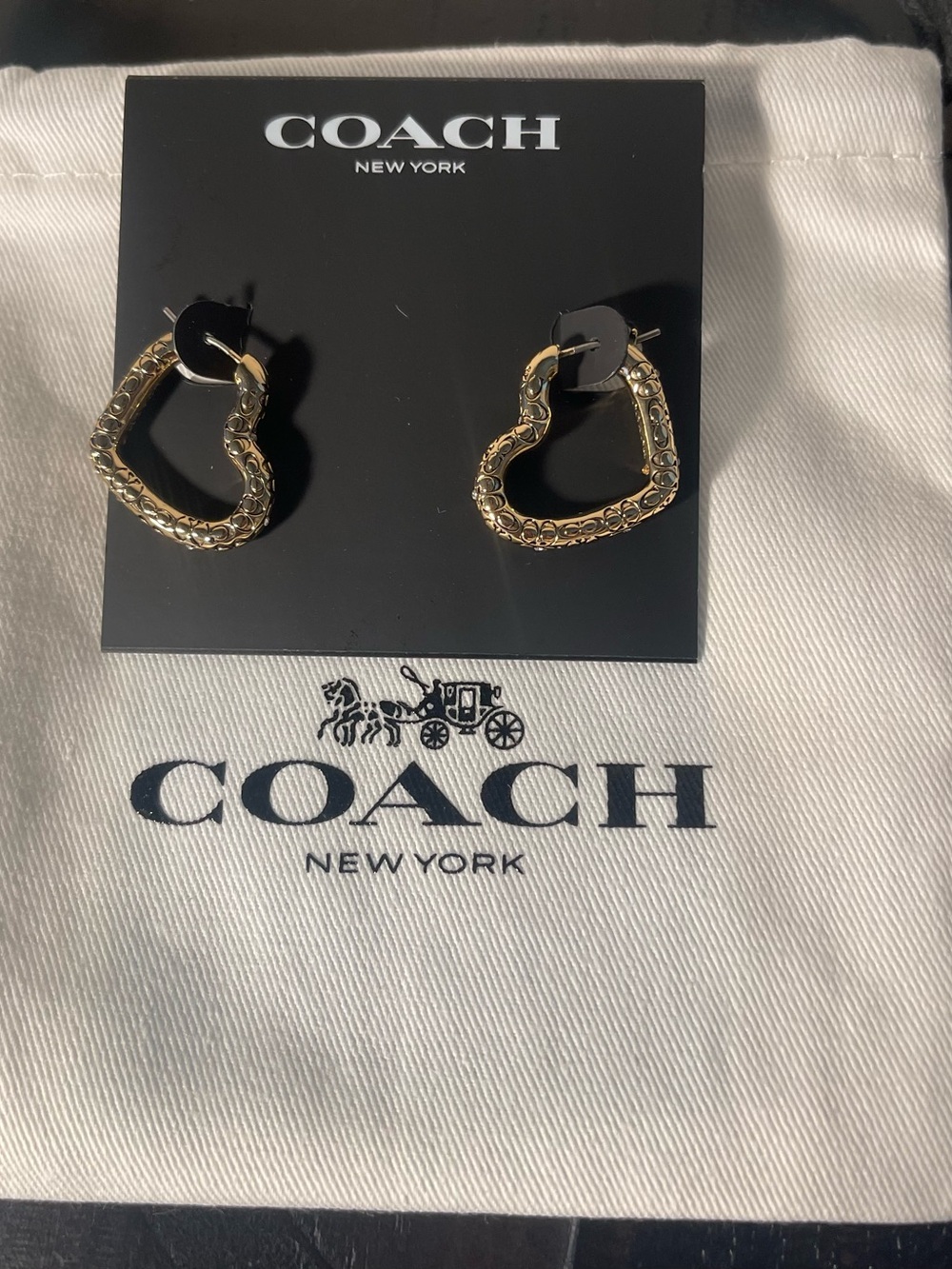 COACH Gold Textured Heart Hoop Earrings